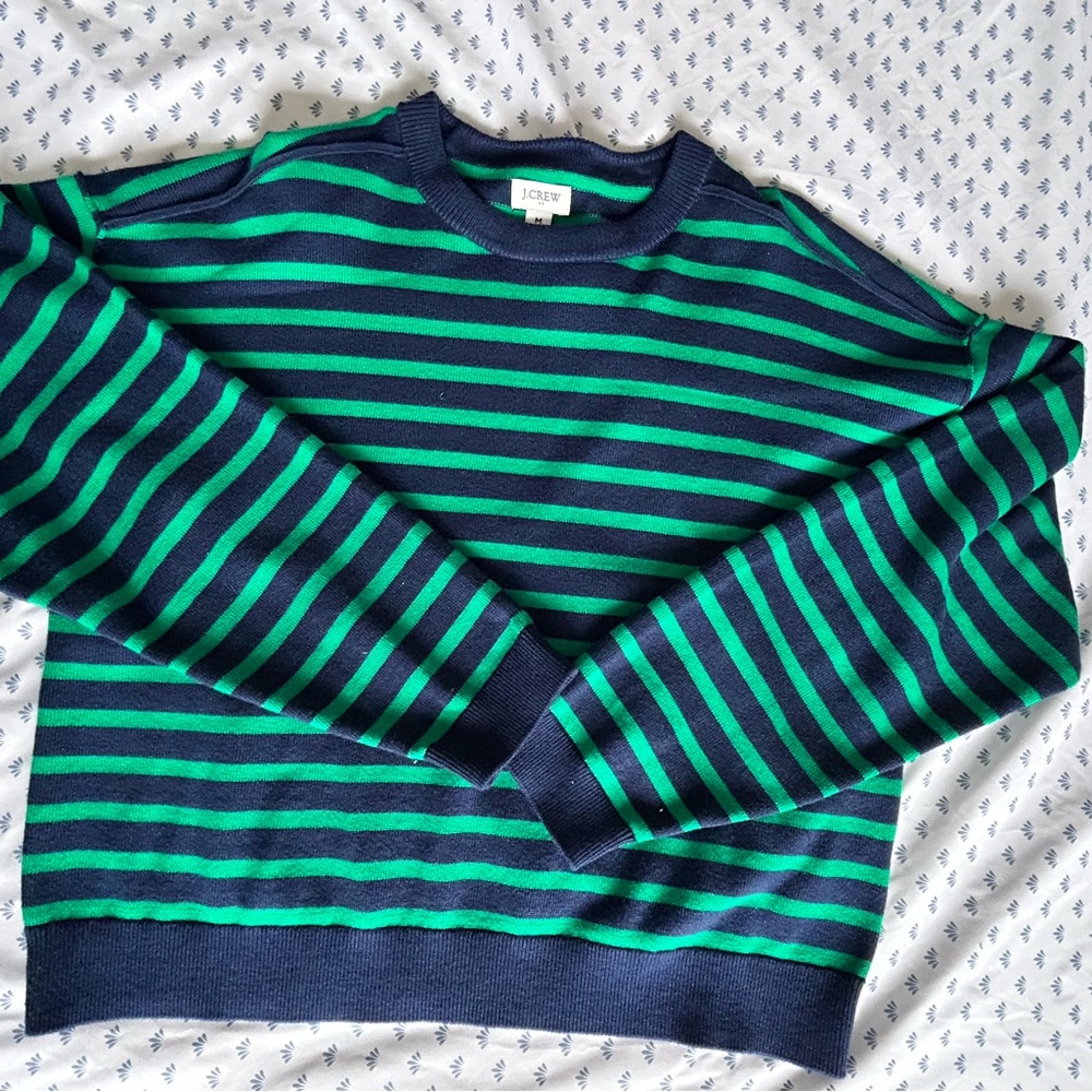 J. Crew Navy and Green Striped Crewneck Sweater